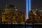Buildings of New York city with the detail of `Tribute in light` rehearsal at Lower Manhattan