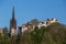 Buildings of Ramsay Gardens with the gothic spire of The Hub in E