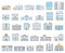 Buildings set. Cottages, store, museum, hospital, library, bank, cinema, religion, police, fire, school, university