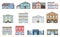 Buildings set. Residential cottages, store, mall, ship, museum, hospital, library, bank building isolated on white background.