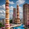 buildings and skyscrapers made of donut, surrealist photo