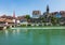 Buildings of the Swiss town of Bremgarten along the Reuss river