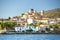 Buildings and the temple of a Greek harbor Galaxidi in Greece. Travel.