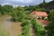 Buildings and trees on the Prague suberb during flooding