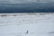 Buildup of snow and ice covering a fence on Lake Michigan on gloomy overcast day