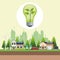 Bulb ecology houses solar panel gasoline station and windmills urban