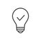 Bulb with tick line icon. Checkmark lamp outline symbol.