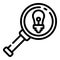 Bulb under magnify glass icon, outline style