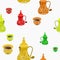 Bulbous Arab Coffee Pots and Cups Vector Illustration Seamless Pattern