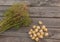Bulbs Allium aflatunense on a wooden background