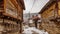 Bulgaria Koprivshtitsa old city cobblestone street in winter