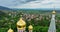 Bulgaria, Shipka Memorial Russian Church and panorama landscape over mountains and town of Shipka, aerial drone view