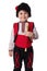 Bulgarian boy musician with flute in traditional folklore costume with martenitsa symbol of spring, Baba Marta and Easter holiday