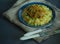 Bulgur with cutlet and vegetables served on a plate. Pork cutlets with porridge. Proper nutrition. Dark background. View from