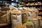 Bulk bags of legumes in natural food store, zero waste store