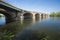 Bulkeley Bridge curves across the Connecticut River at Hartford.