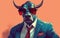 bull animal in the form of a man in a suit and sunglasses, a good leader, the boss, director, generative ai