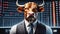 Bull in business suit, against backdrop of stock market charts. Generative AI