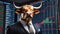 Bull in business suit, against backdrop of stock market charts. Generative AI