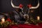 A bull in a Christmas setup. Studio portrait, winter festive season template