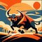 Bull in the city at sunset. Vector illustration in flat style. Generative AI