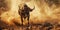 bull in dirt running on a dirt field, in the style of iconic imagery, explosive wildlife, light brown and dark beige
