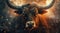 A bull facing the camera in realistic cinematic scene, market trading concept, generative AI image