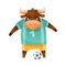 Bull goalkeeper animal playing soccer. Cute football mascot in sports uniform cartoon vector illustration