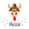 Bull head, cow in cartoon style. Hello - lettering. Vector Illustration for backgrounds, cover, packaging, greeting cards, posters