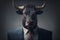 Bull head with horns in human body in business suit. Portrait. Grey background. Generative AI