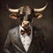 the bull with large horns in a suit and bow tie