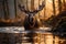 A bull moose standing in the edge of a river in the forest. Created with Generative AI