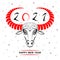 Bull, ox head drawing, Happy New Year 2021 greeting card
