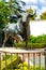 Bull sculpture - Main entrance to bullring in historic fortress town Rondaâ€“ near Malaga, Spain