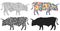 Bull. Set of vector illustrations in  tattoo or modern art style. Bison silhouette for logos and posters. Various styles and