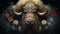 A bull with sheep\\\'s horns, long wool and fancy decorations, an amazing creature.