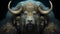 A bull with sheep\\\'s horns, long wool and fancy decorations, an amazing creature.