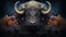 A bull with sheep\\\'s horns, long wool and fancy decorations, an amazing creature.