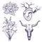 Bull skull tattoo set, lily, swallow, roses, heart. Tribal tattoo, boho style sketch, isolated on white