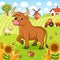 Bull stands on a field next to a hedgehog and a sheep. Vector illustration with farm and pets