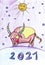 The bull stands in the snow with the inscription 2021. Children`s drawing