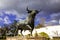 Bull statue, arena in Ronda, Spain, full of stell.