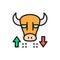 Bull, stock market, finance trade flat color line icon.