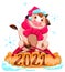 Bull symbol of 2021. Christmas cow in santa hat sledding