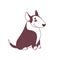 Bull terrier in flat style. A funny dark dog with white spots. The dog is sitting. Vector illustration isolated