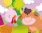 Bull and turkey tree meadow farm animal cartoon