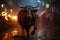 a bull is walking down a street with people in the background