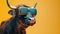 A bull wearing a pair of 3d glasses with an orange background, AI