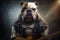 Bulldog dog rocker in black leather jacket, portrait of animal with guitar, generative AI.