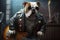 Bulldog dog rocker in black leather jacket, portrait of animal with guitar, generative AI